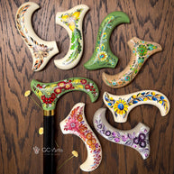 Elegant Hand-painted Walking Stick Cane with Guelder Rose - Green & Red decoration, black shaft, derby handle