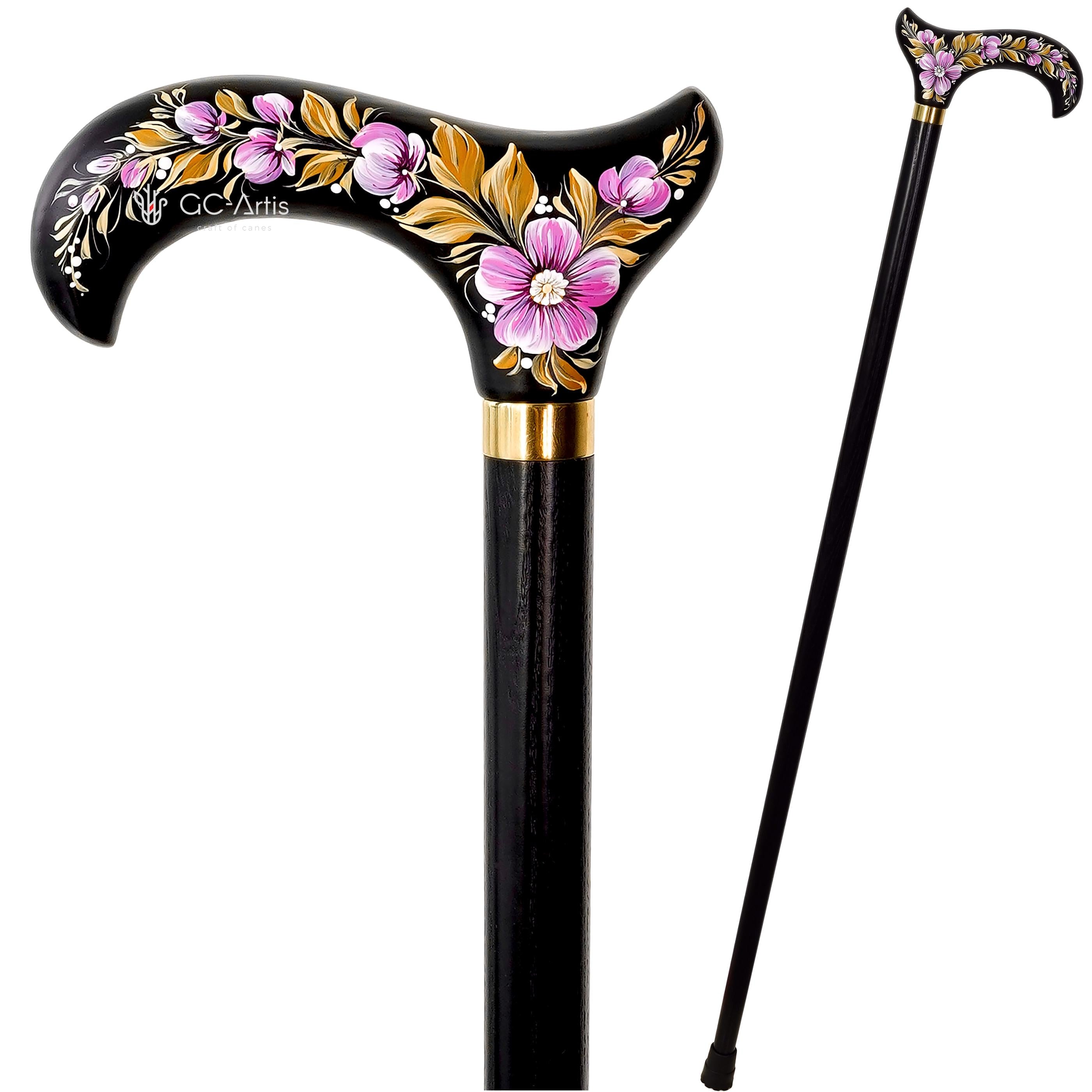 Elegant Hand-painted Walking Stick Cane with Malva Flowers - Pink & Gold decoration, black shaft, derby handle