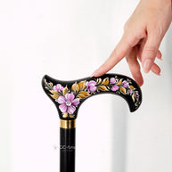 Elegant Hand-painted Walking Stick Cane with Malva Flowers - Pink & Gold decoration, black shaft, derby handle