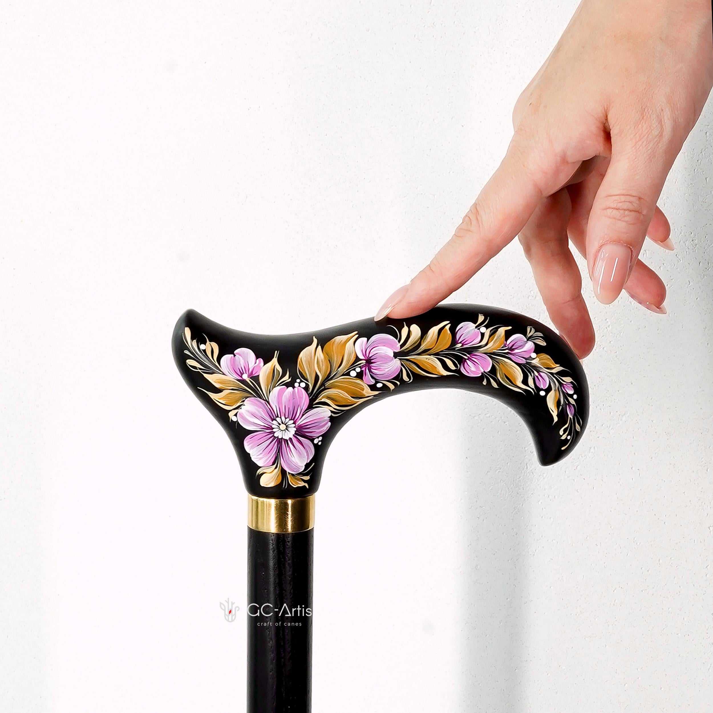 Elegant Hand-painted Walking Stick Cane with Malva Flowers - Pink & Gold decoration, black shaft, derby handle