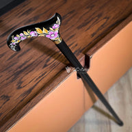 Elegant Hand-painted Walking Stick Cane with Malva Flowers - Pink & Gold decoration, black shaft, derby handle