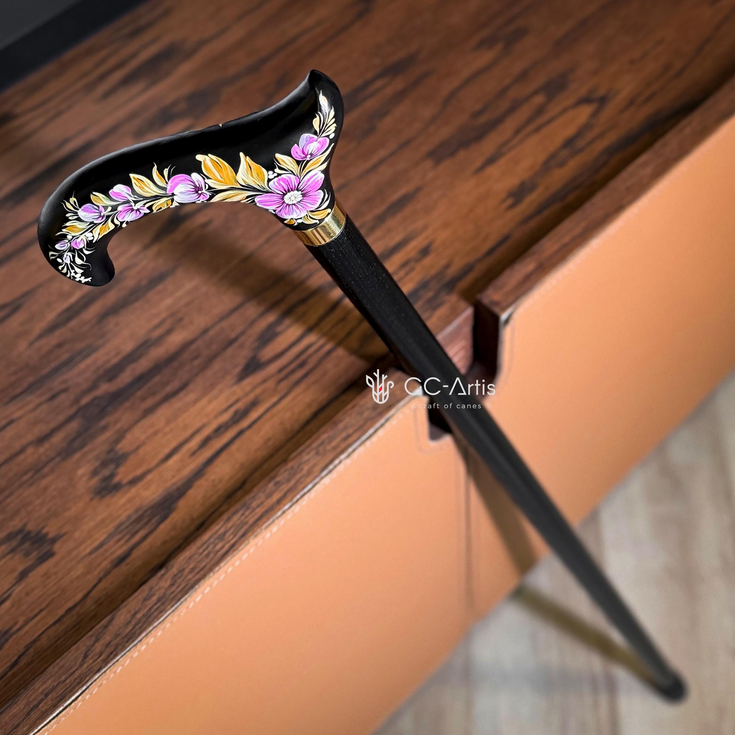 Elegant Hand-painted Walking Stick Cane with Malva Flowers - Pink & Gold decoration, black shaft, derby handle