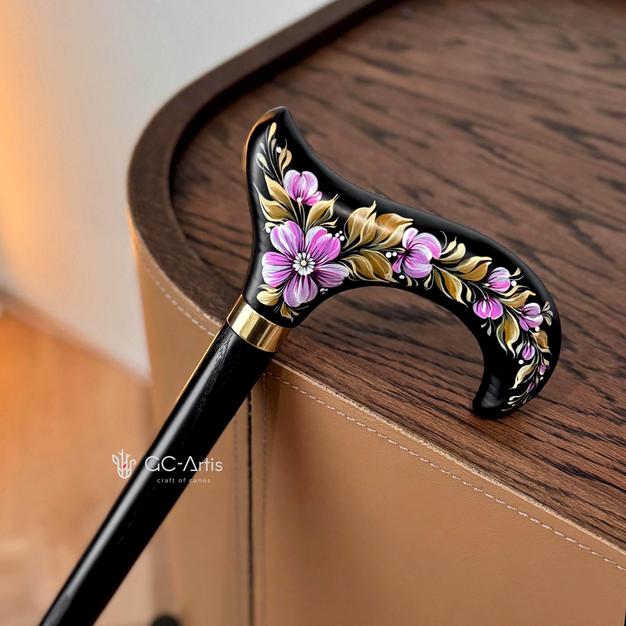 Elegant Hand-painted Walking Stick Cane with Malva Flowers - Pink & Gold decoration, black shaft, derby handle