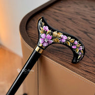 Elegant Hand-painted Walking Stick Cane with Malva Flowers - Pink & Gold decoration, black shaft, derby handle
