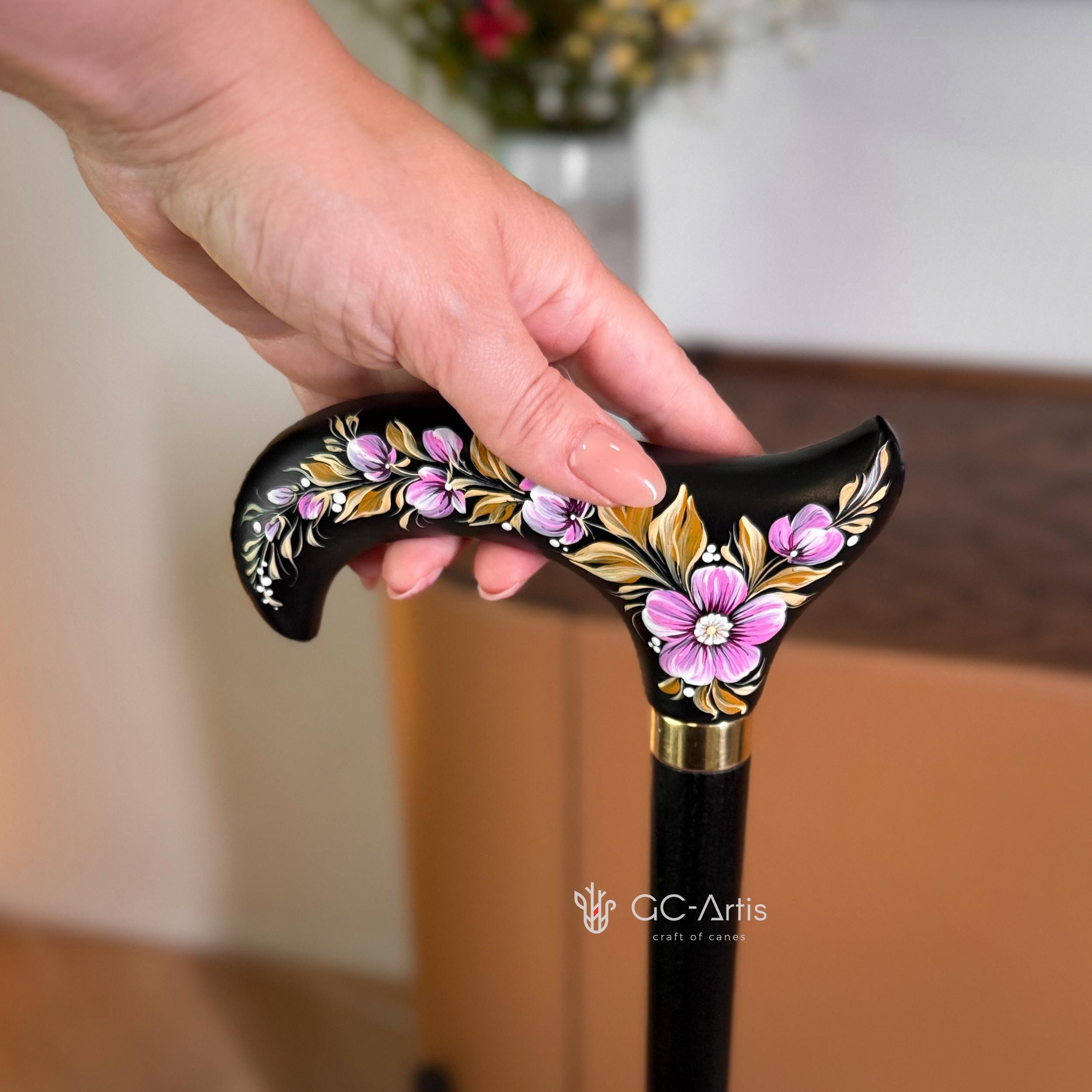 Elegant Hand-painted Walking Stick Cane with Malva Flowers - Pink & Gold decoration, black shaft, derby handle