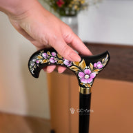 Elegant Hand-painted Walking Stick Cane with Malva Flowers - Pink & Gold decoration, black shaft, derby handle