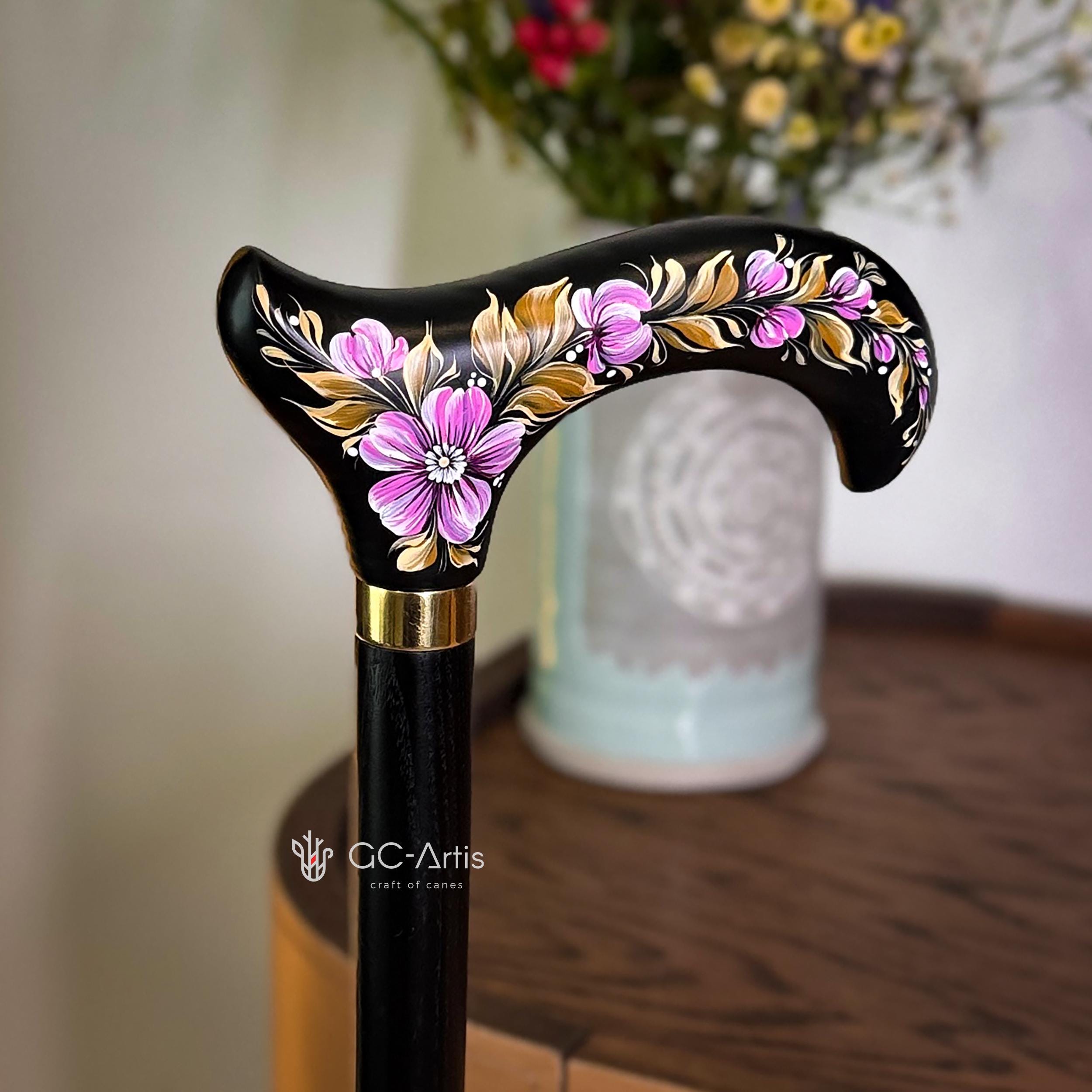 Elegant Hand-painted Walking Stick Cane with Malva Flowers - Pink & Gold decoration, black shaft, derby handle