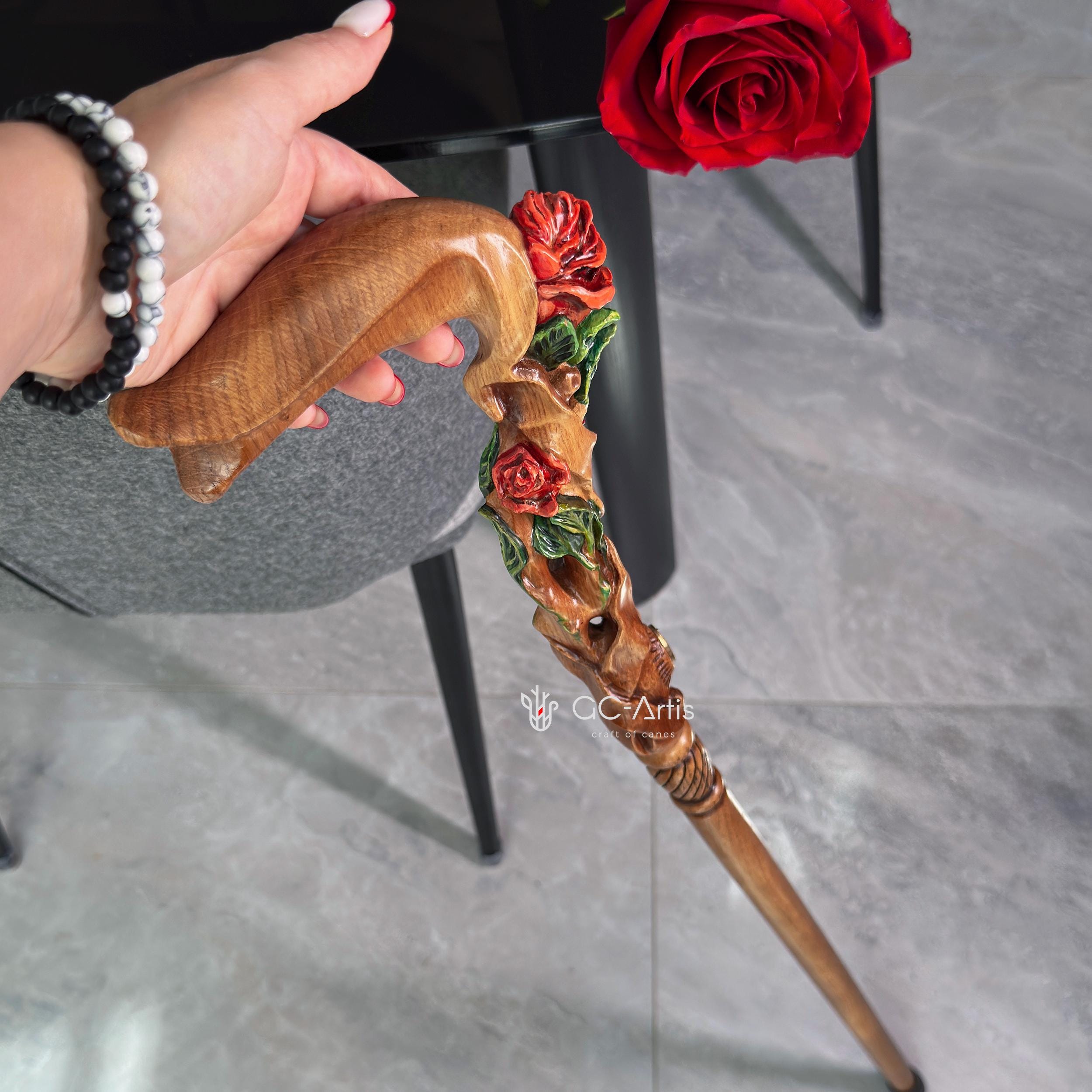 Hand painted Walking cane Red Rose Flower - wood carved Walking Stick, gift for women, mom, grandma - GCArtis - Luxe Hand Painted Canes - Wood, Wooden