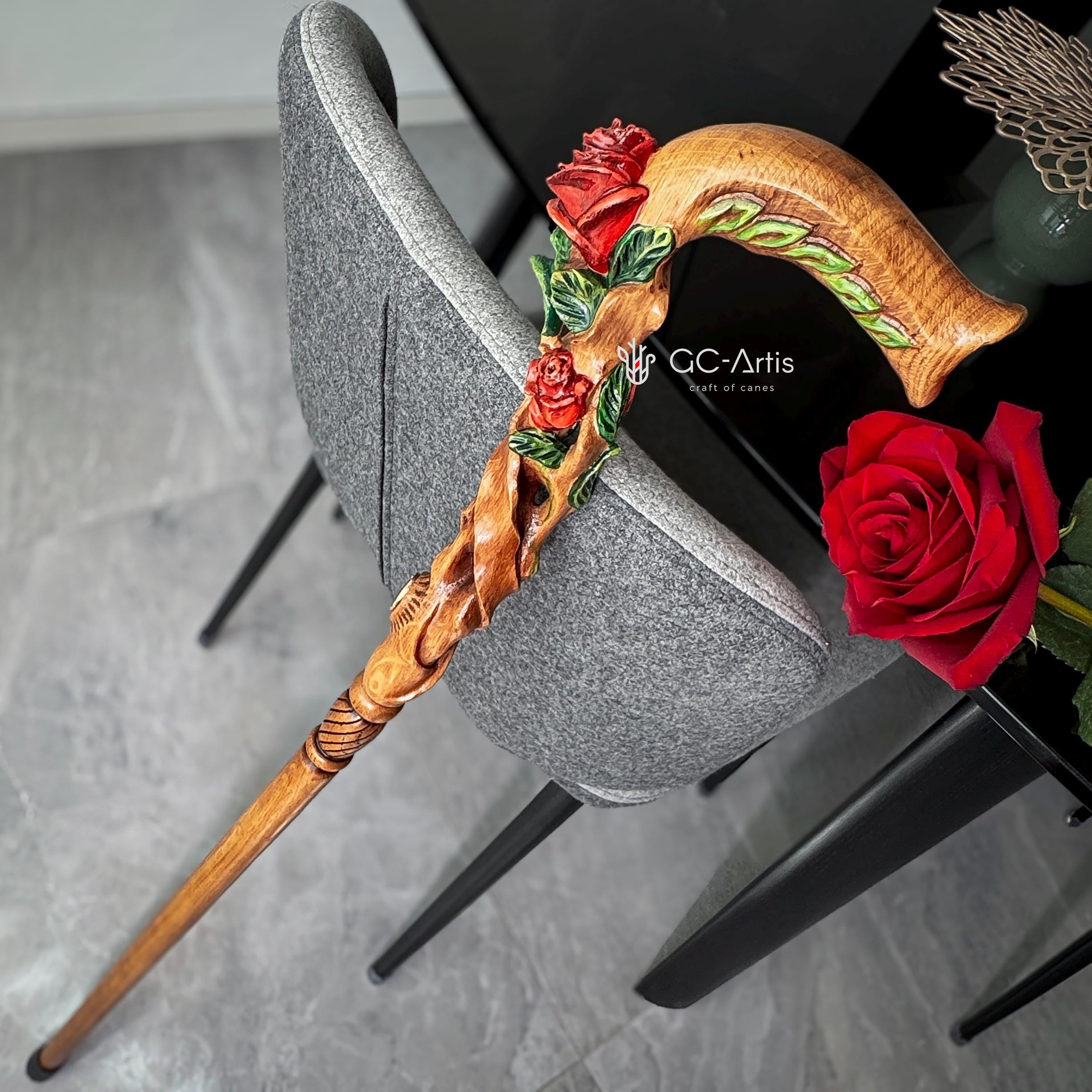 Hand painted Walking cane Red Rose Flower - wood carved Walking Stick, gift for women, mom, grandma - GCArtis - Luxe Hand Painted Canes - Wood, Wooden