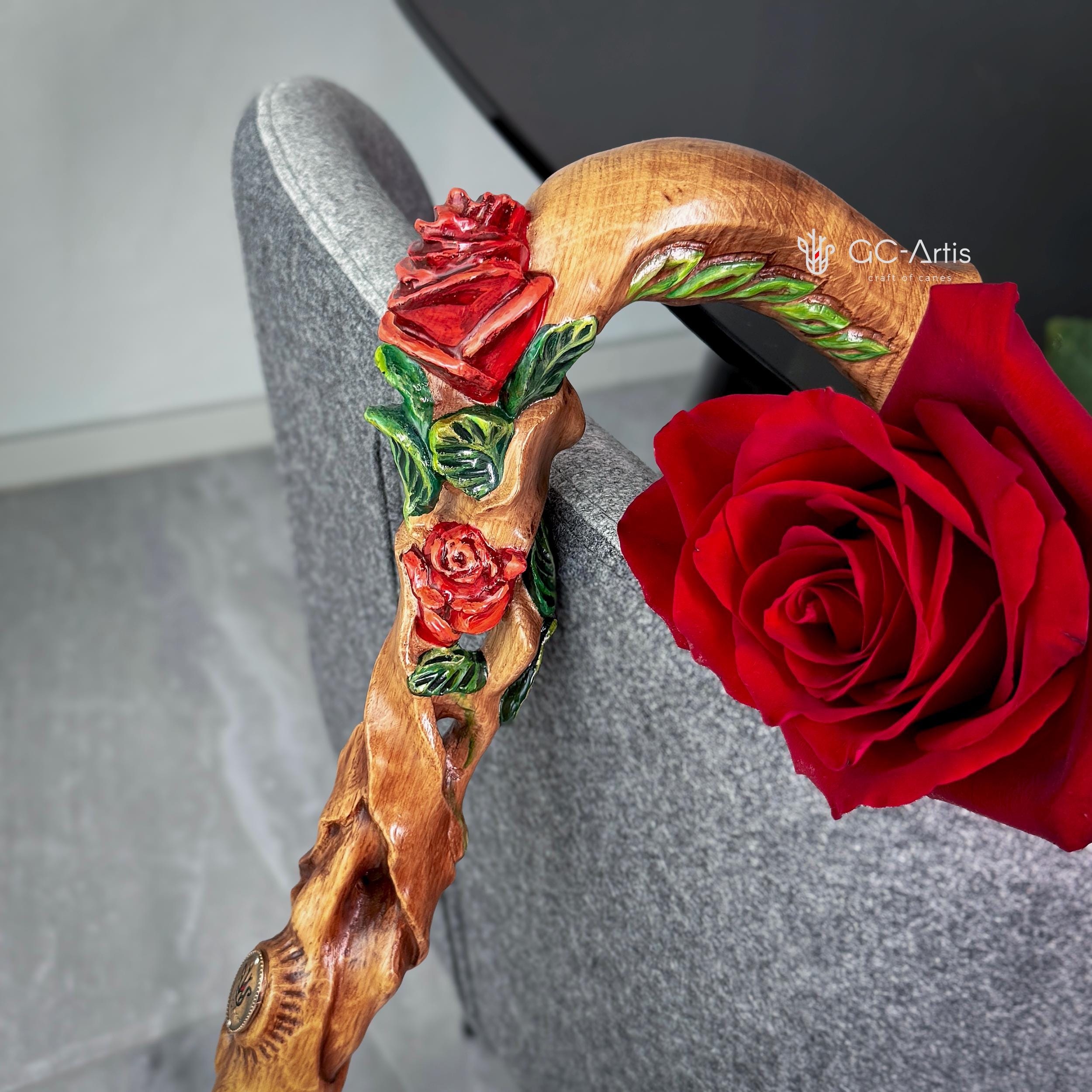 Hand painted Walking cane Red Rose Flower - wood carved Walking Stick, gift for women, mom, grandma - GCArtis - Luxe Hand Painted Canes - Wood, Wooden