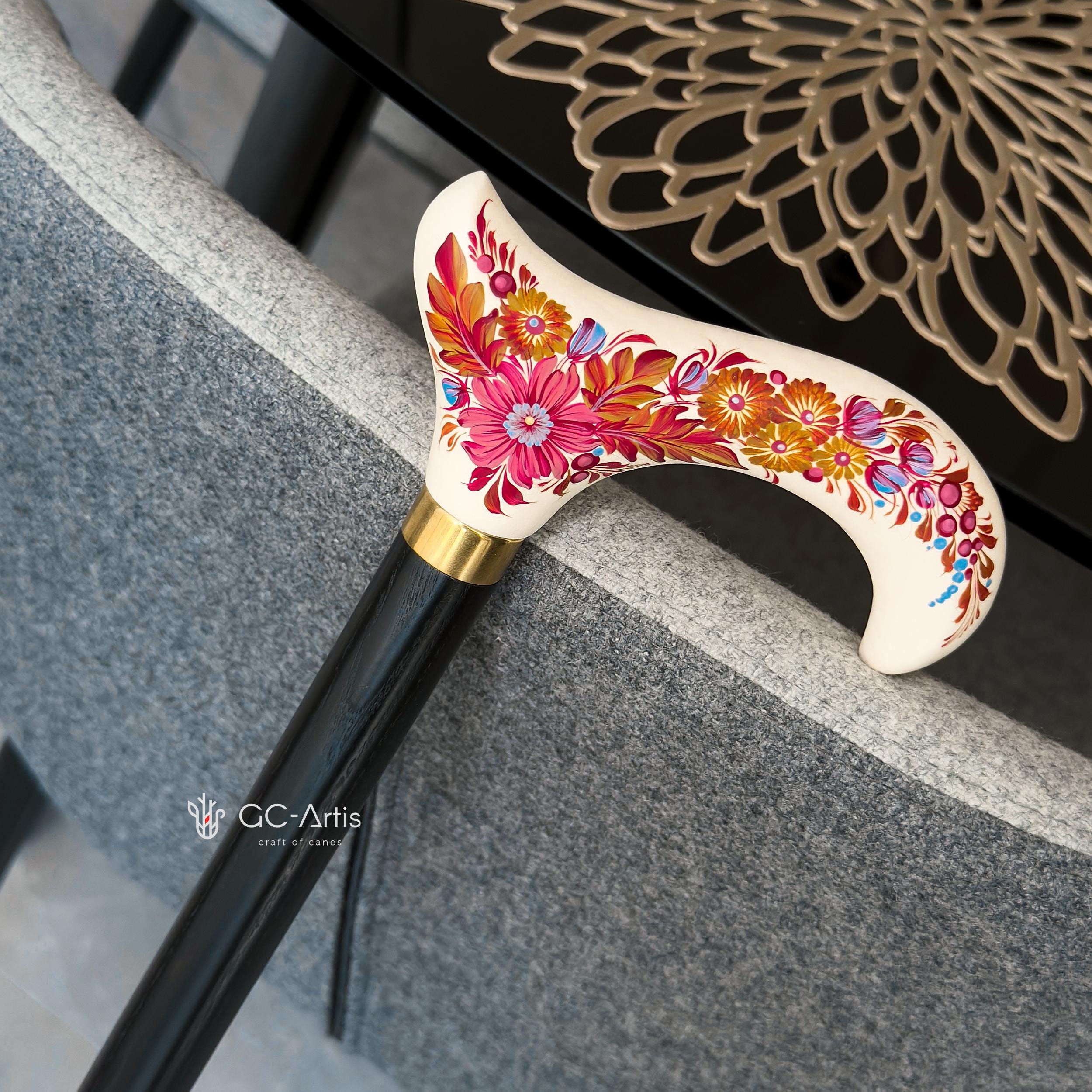 Hand-painted Walking Stick Cane - Chrysanthemum Flowers - Purple & Gold decoration, black shaft, classic Derby Handle