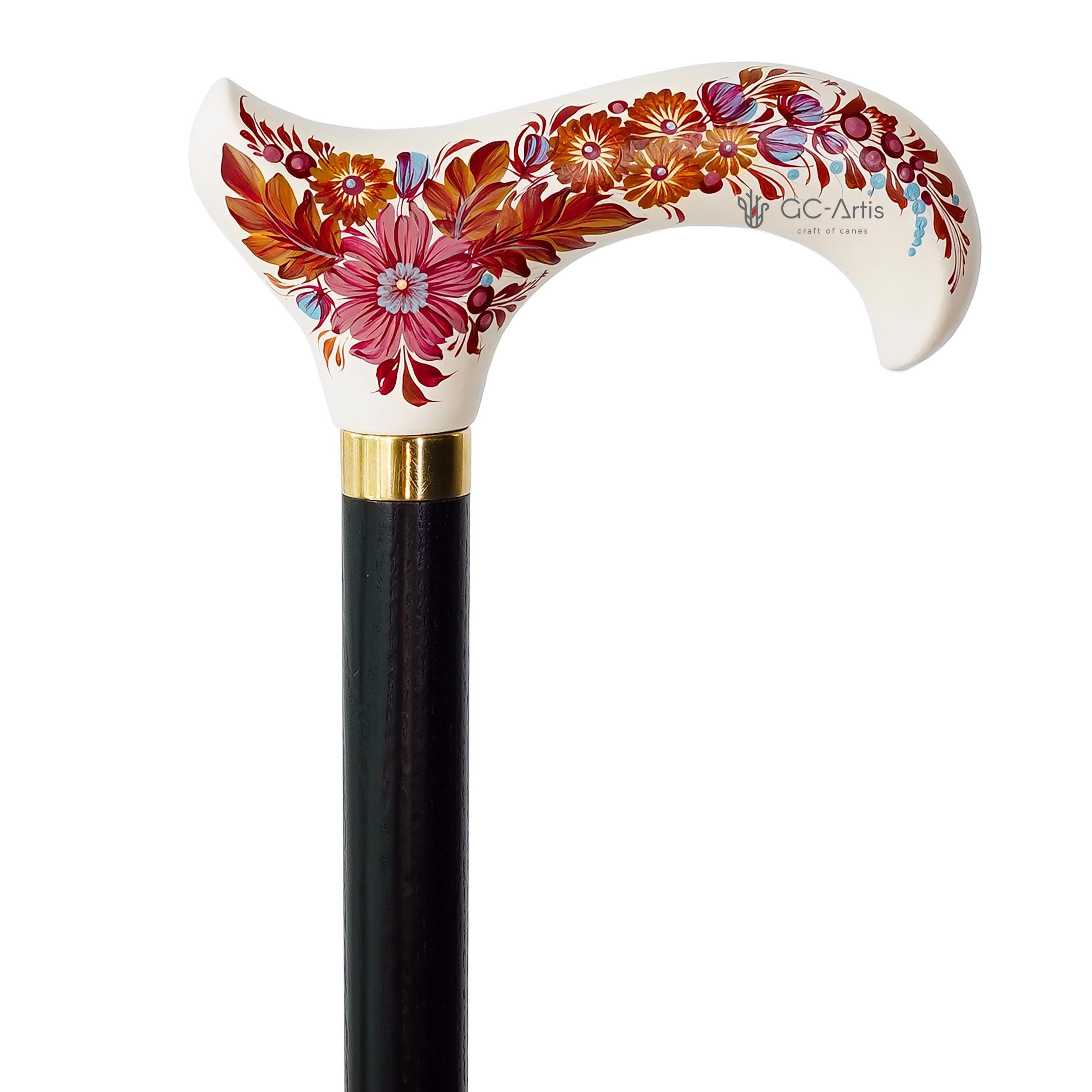 Hand-painted Walking Stick Cane - Chrysanthemum Flowers - Purple & Gold decoration, black shaft, classic Derby Handle