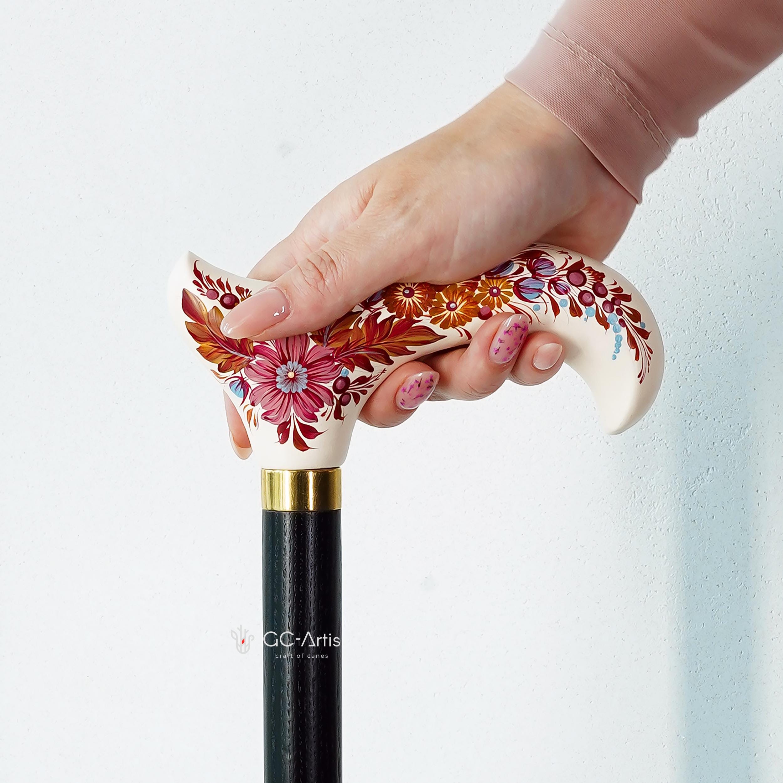 Hand-painted Walking Stick Cane - Chrysanthemum Flowers - Purple & Gold decoration, black shaft, classic Derby Handle