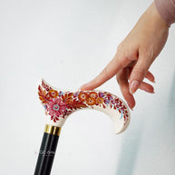 Hand-painted Walking Stick Cane - Chrysanthemum Flowers - Purple & Gold decoration, black shaft, classic Derby Handle