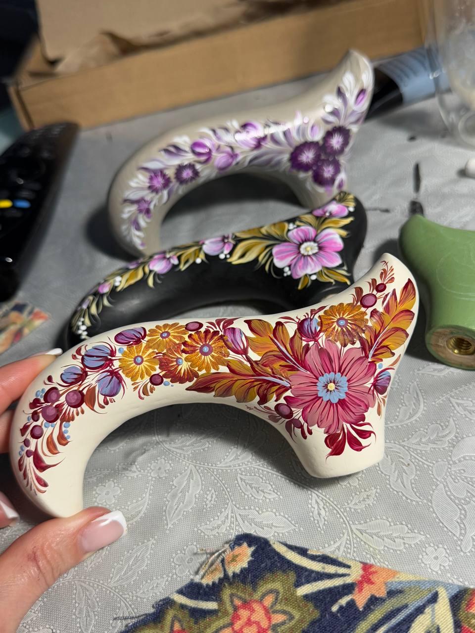 Hand-painted Walking Stick Cane - Chrysanthemum Flowers - Purple & Gold decoration, black shaft, classic Derby Handle