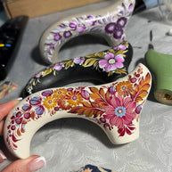 Hand-painted Walking Stick Cane - Chrysanthemum Flowers - Purple & Gold decoration, black shaft, classic Derby Handle