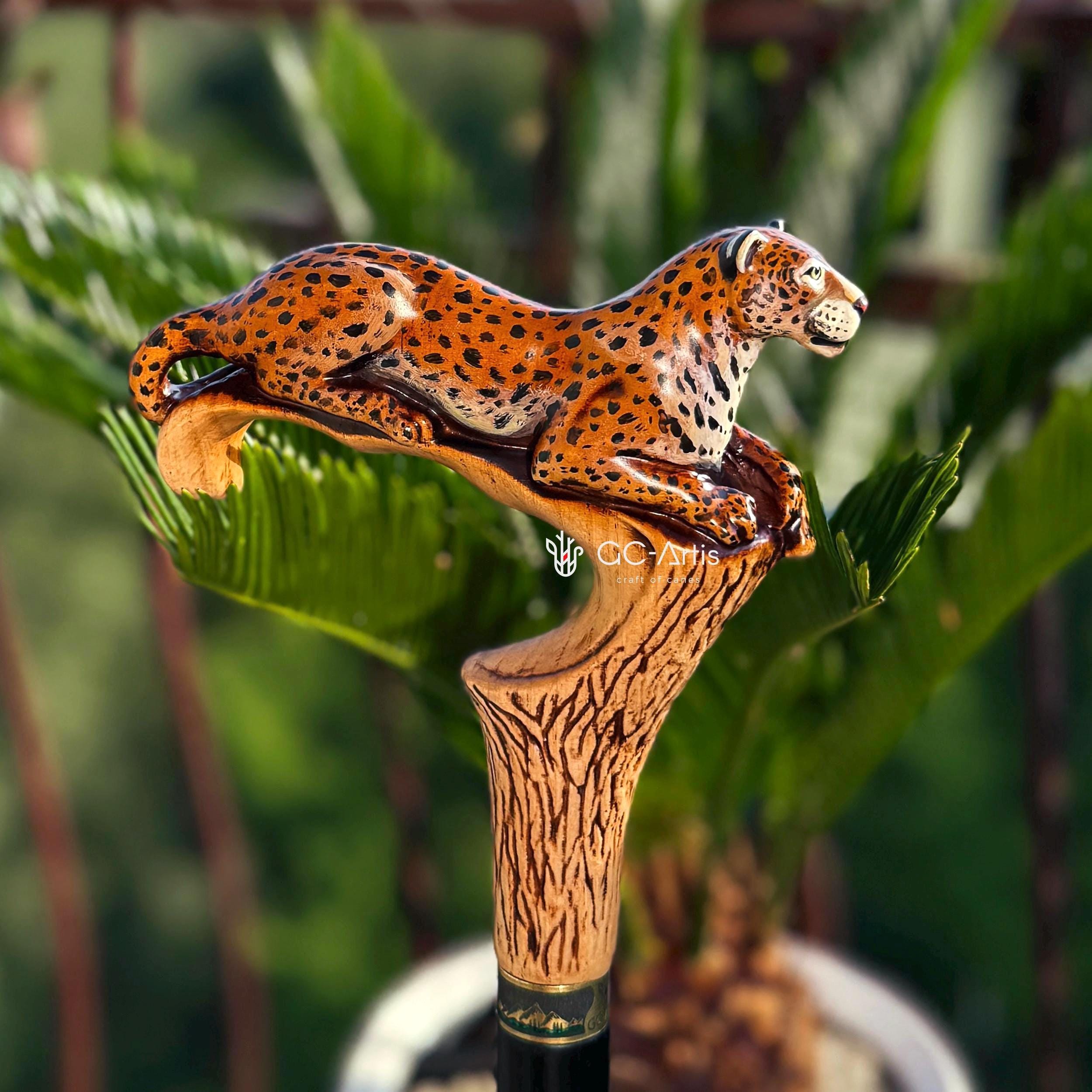 Hand-Painted Leopard Wooden Cane Walking Stick: Stylish Wild nature style, bigcat Design