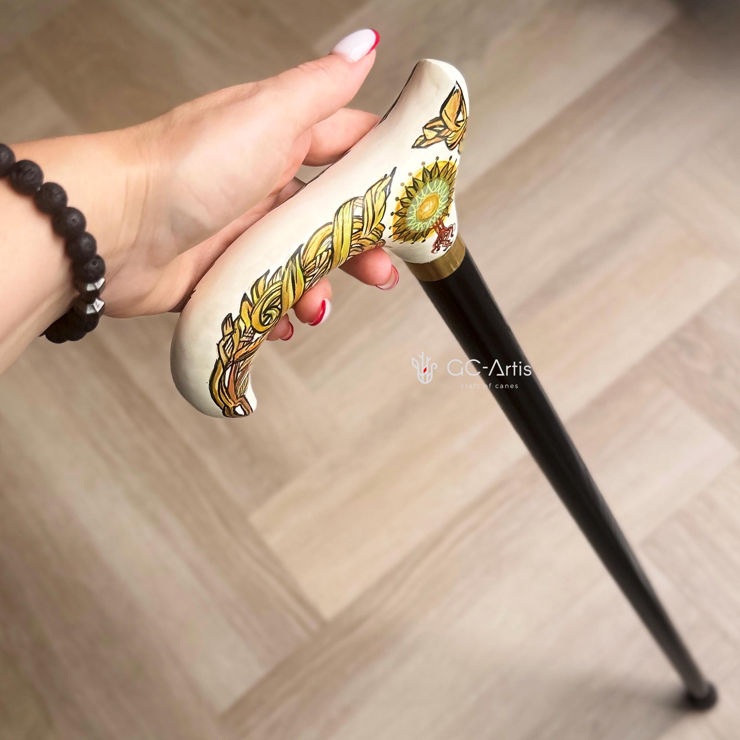Celtic Walking Stick – White Hand Painted Wooden Cane. Life Tree, Brass decor, Classic Handle – 36