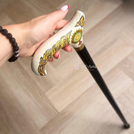 Celtic Walking Stick – White Hand Painted Wooden Cane. Life Tree, Brass decor, Classic Handle – 36