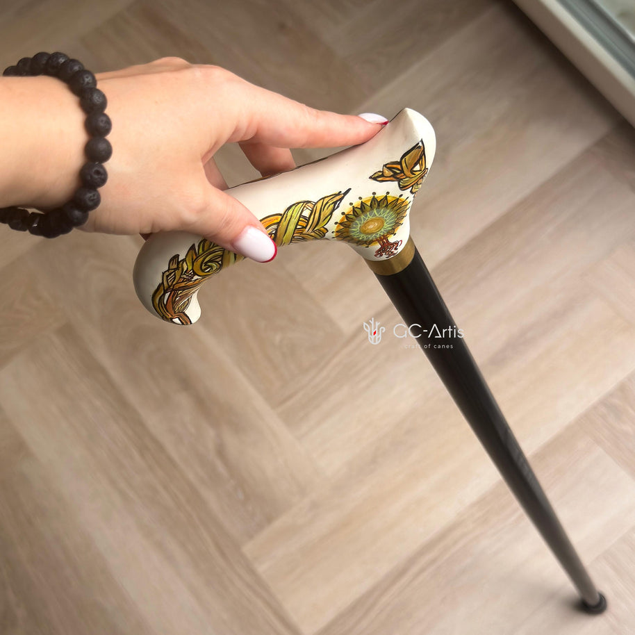 Celtic Walking Stick – White Hand Painted Wooden Cane. Life Tree, Brass decor, Classic Handle – 36