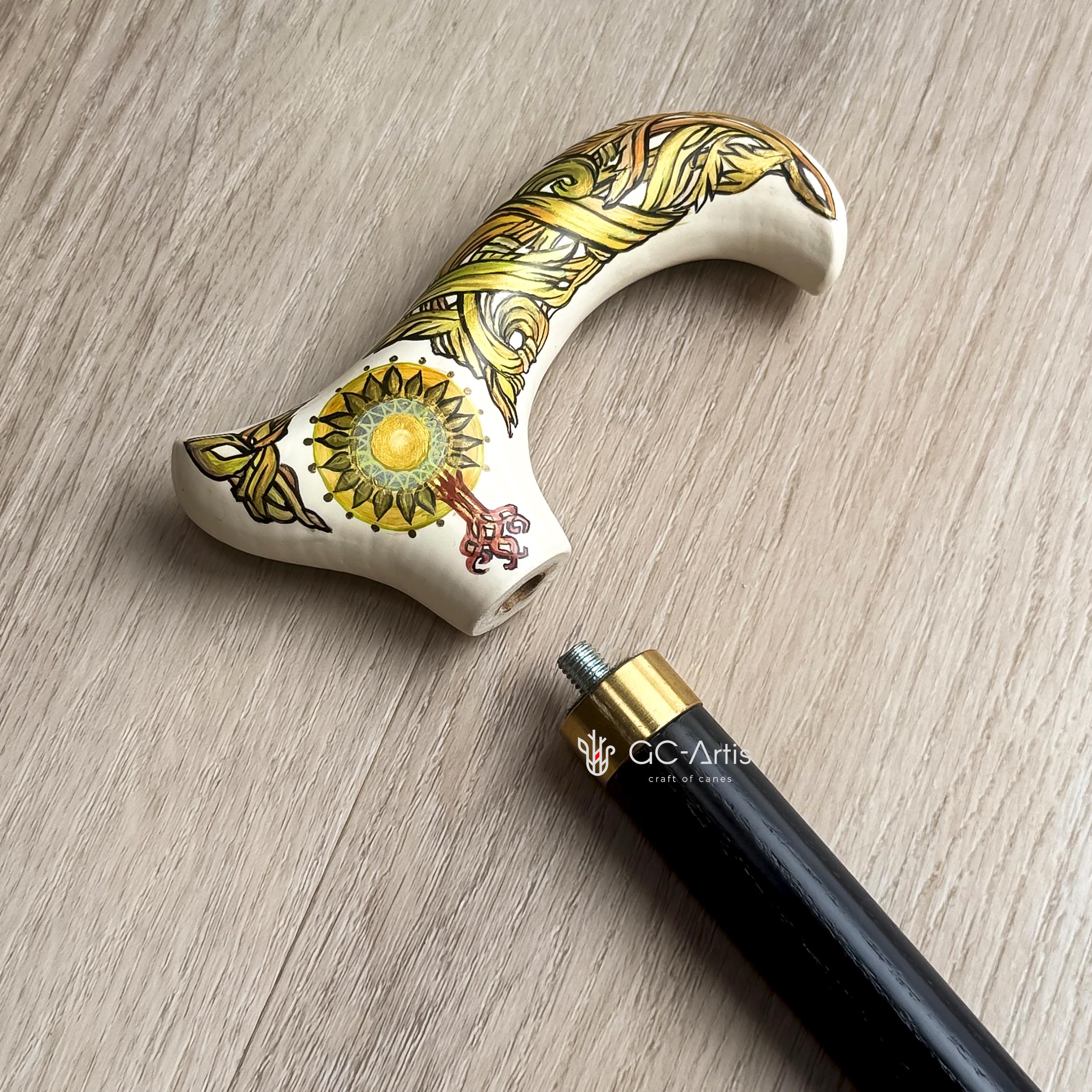 Celtic Walking Stick – White Hand Painted Wooden Cane. Life Tree, Brass decor, Classic Handle – 36