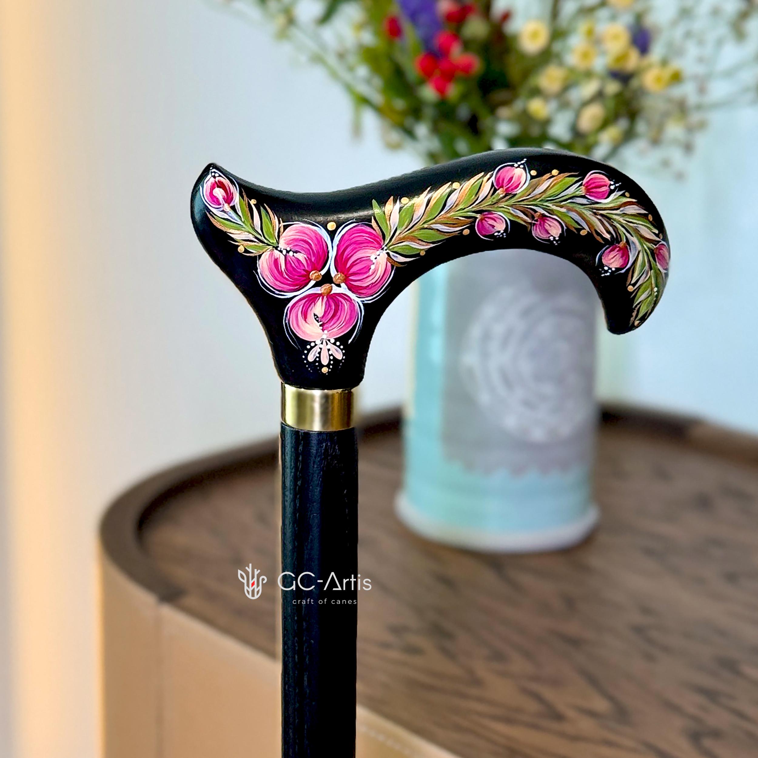 Hand Painted Stylish Walking Stick with Peony Flowers - Spiral Muse Black & Purple wooden cane, gift for women