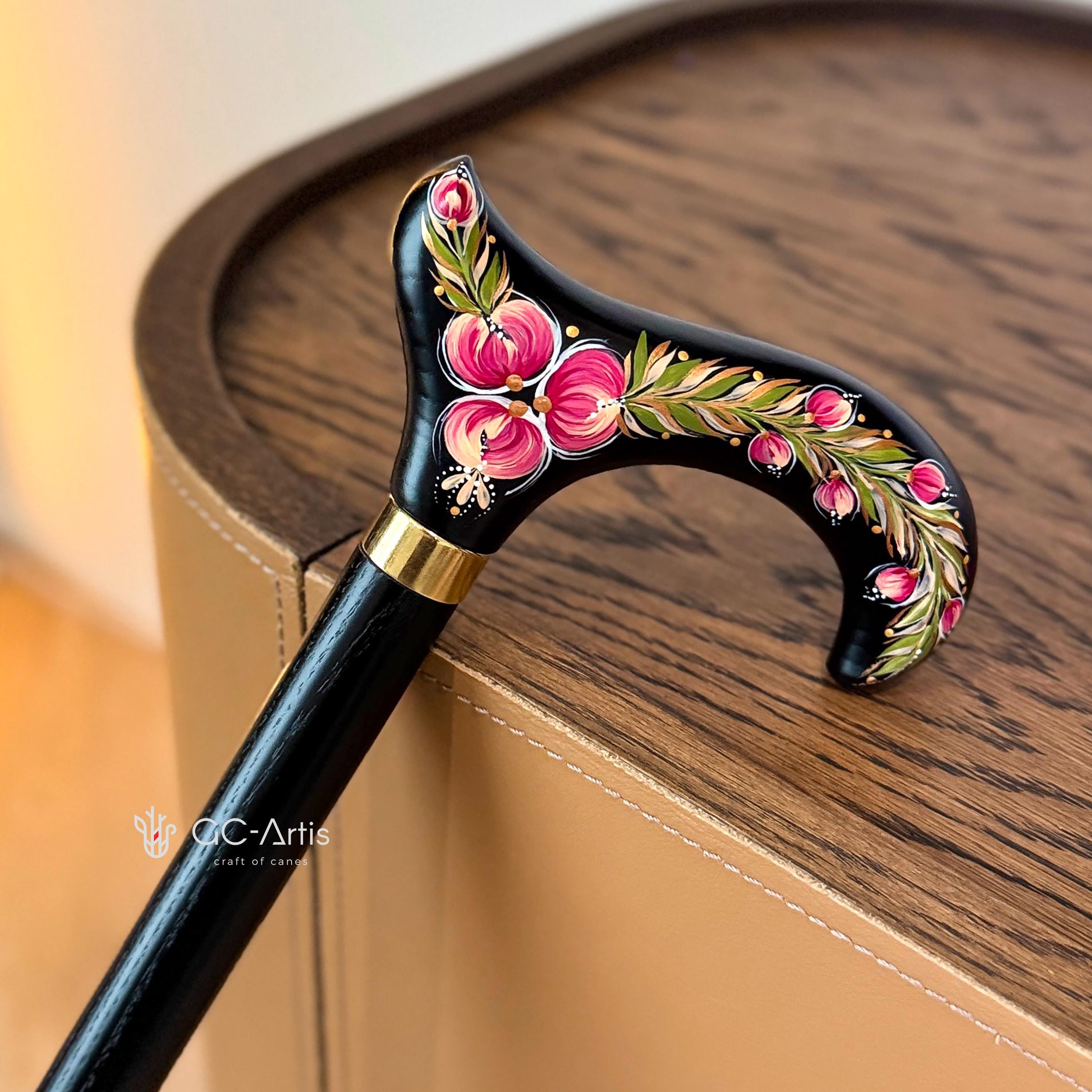 Hand Painted Stylish Walking Stick with Peony Flowers - Spiral Muse Black & Purple wooden cane, gift for women