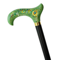 Classic Hand-painted walking stick - Green Serenade - wooden Flowered cane for women Ladies with comfortable light green derby handle