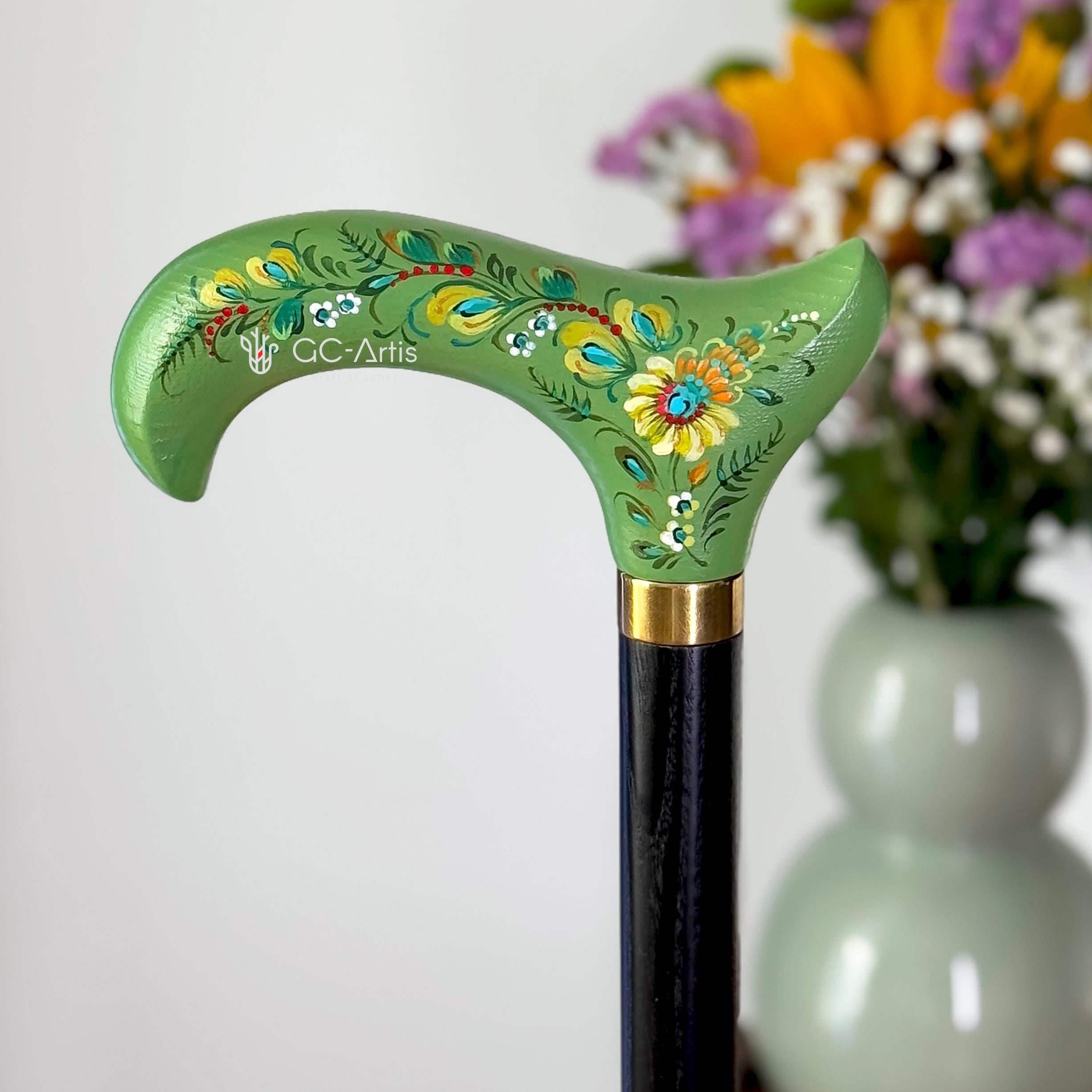 Classic Hand-painted walking stick - Green Serenade - wooden Flowered cane for women Ladies with comfortable light green derby handle