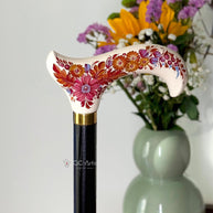 Hand-painted Walking Stick Cane - Chrysanthemum Flowers - Purple & Gold decoration, black shaft, classic Derby Handle
