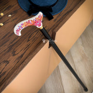 Hand-painted Walking Stick Cane - Chrysanthemum Flowers - Purple & Gold decoration, black shaft, classic Derby Handle