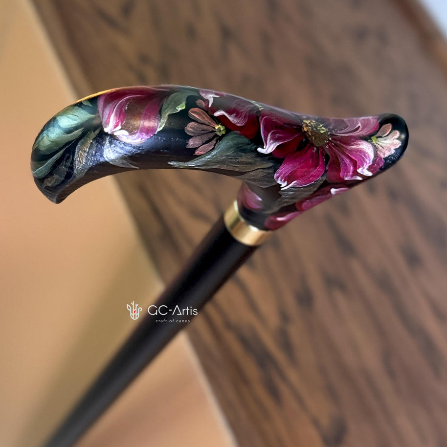 Elegant Hand-painted Walking Stick Cane with Peony Flowers - Pink & Green decoration, black derby handle gift for mom grandma