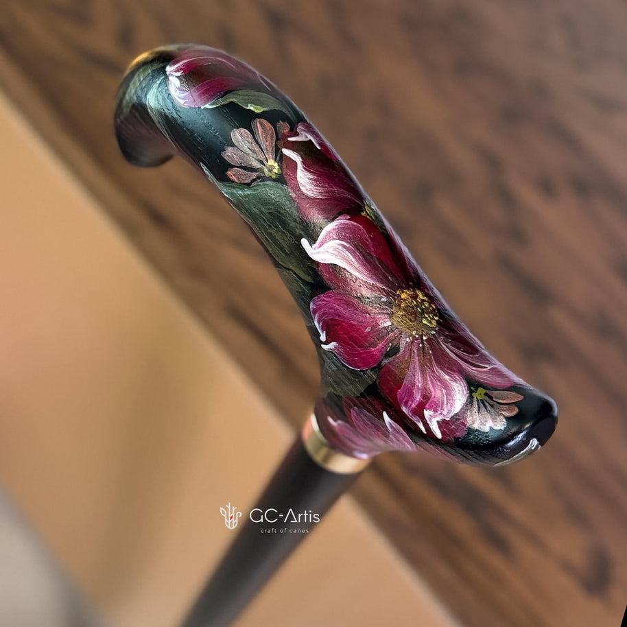 Elegant Hand-painted Walking Stick Cane with Peony Flowers - Pink & Green decoration, black derby handle gift for mom grandma