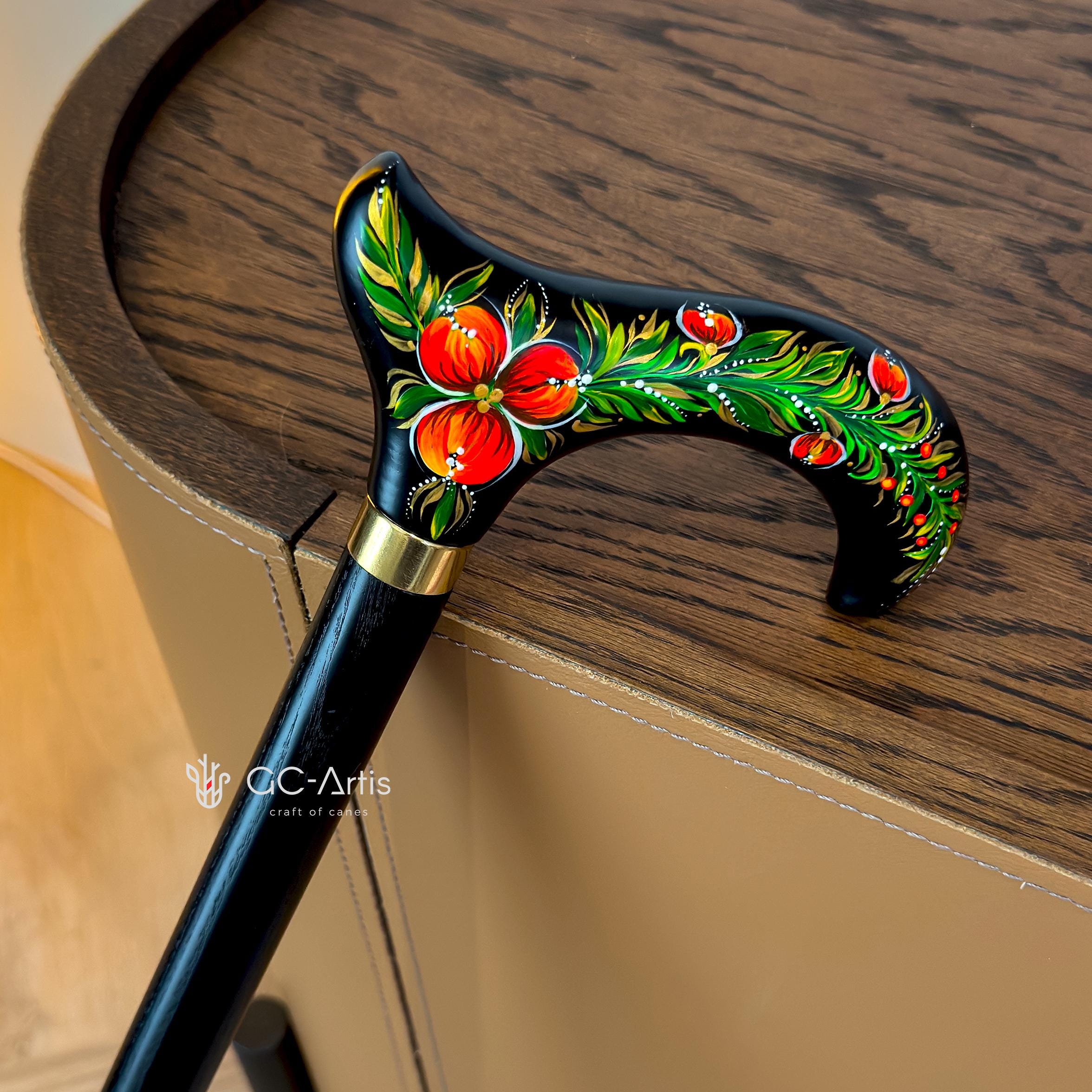 Hand Painted Stylish Walking Stick Cane with Peony Flowers - Spiral Muse Black & Red, gift for ladies