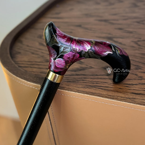 Elegant Hand-painted Walking Stick Cane with Peony Flowers - Pink & Green decoration, black derby handle gift for mom grandma