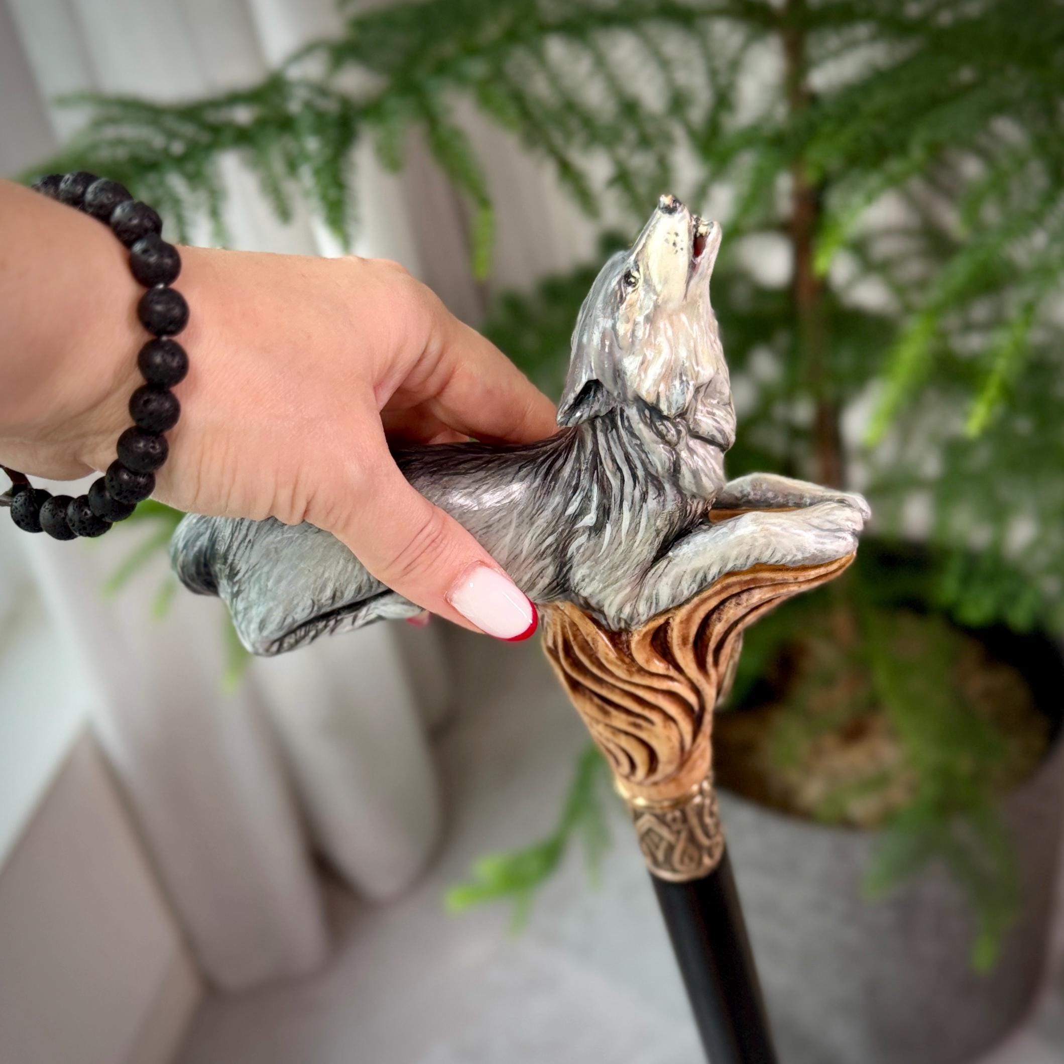 Wooden Cane Walking Stick Howling Wolf - Hand-painted Carved handle, wild nature style