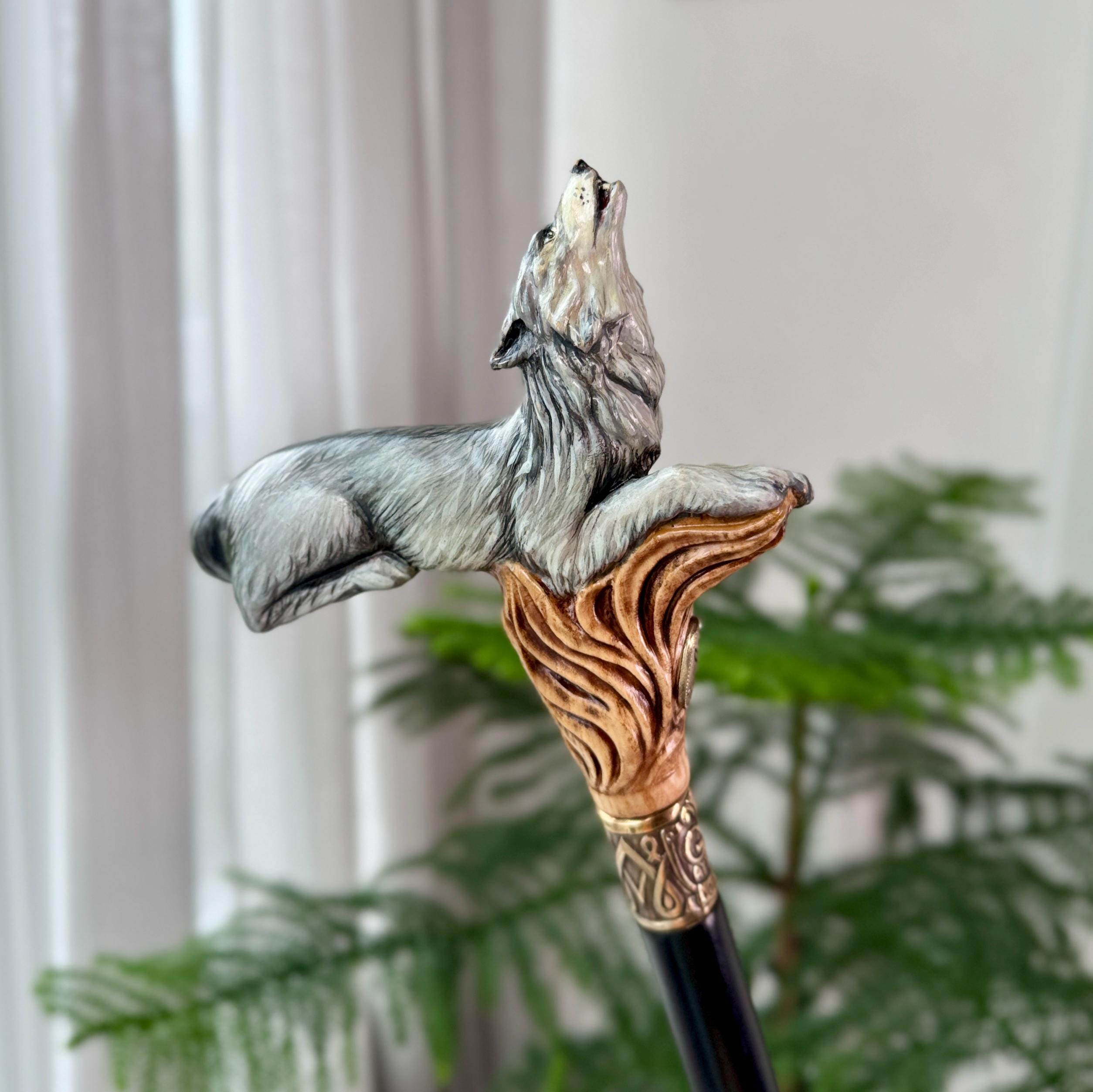 Wooden Cane Walking Stick Howling Wolf - Hand-painted Carved handle, wild nature style