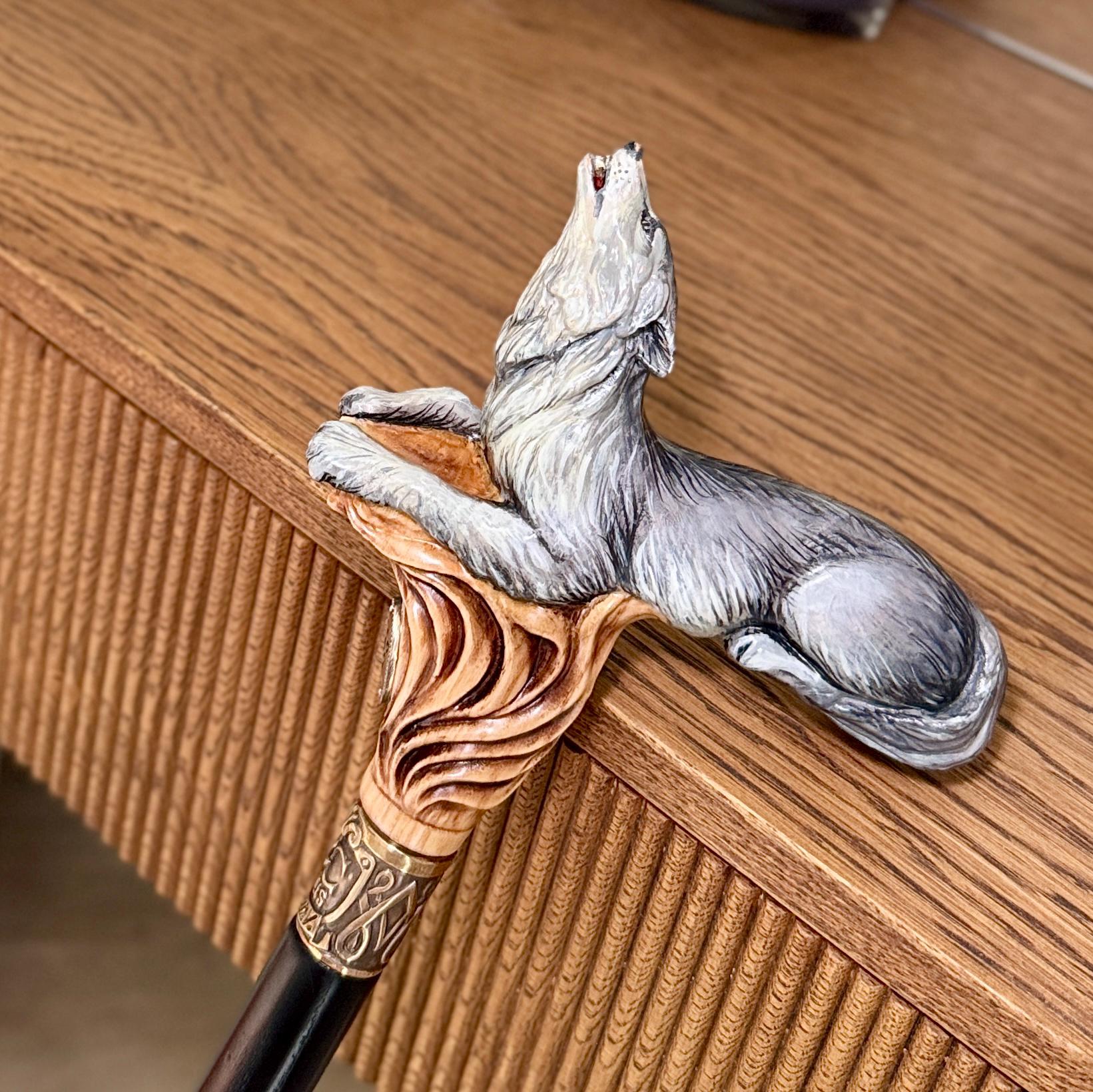 Wooden Cane Walking Stick Howling Wolf - Hand-painted Carved handle, wild nature style