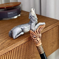 Wooden Cane Walking Stick Howling Wolf - Hand-painted Carved handle, wild nature style
