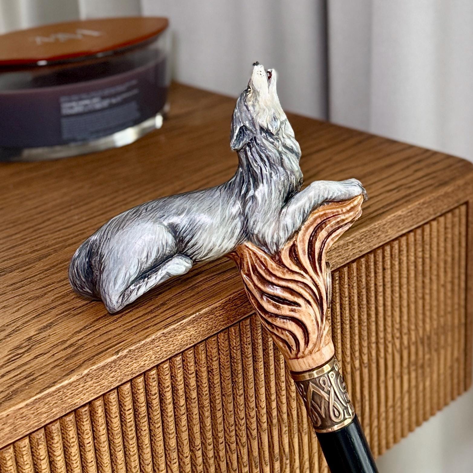 Wooden Cane Walking Stick Howling Wolf - Hand-painted Carved handle, wild nature style