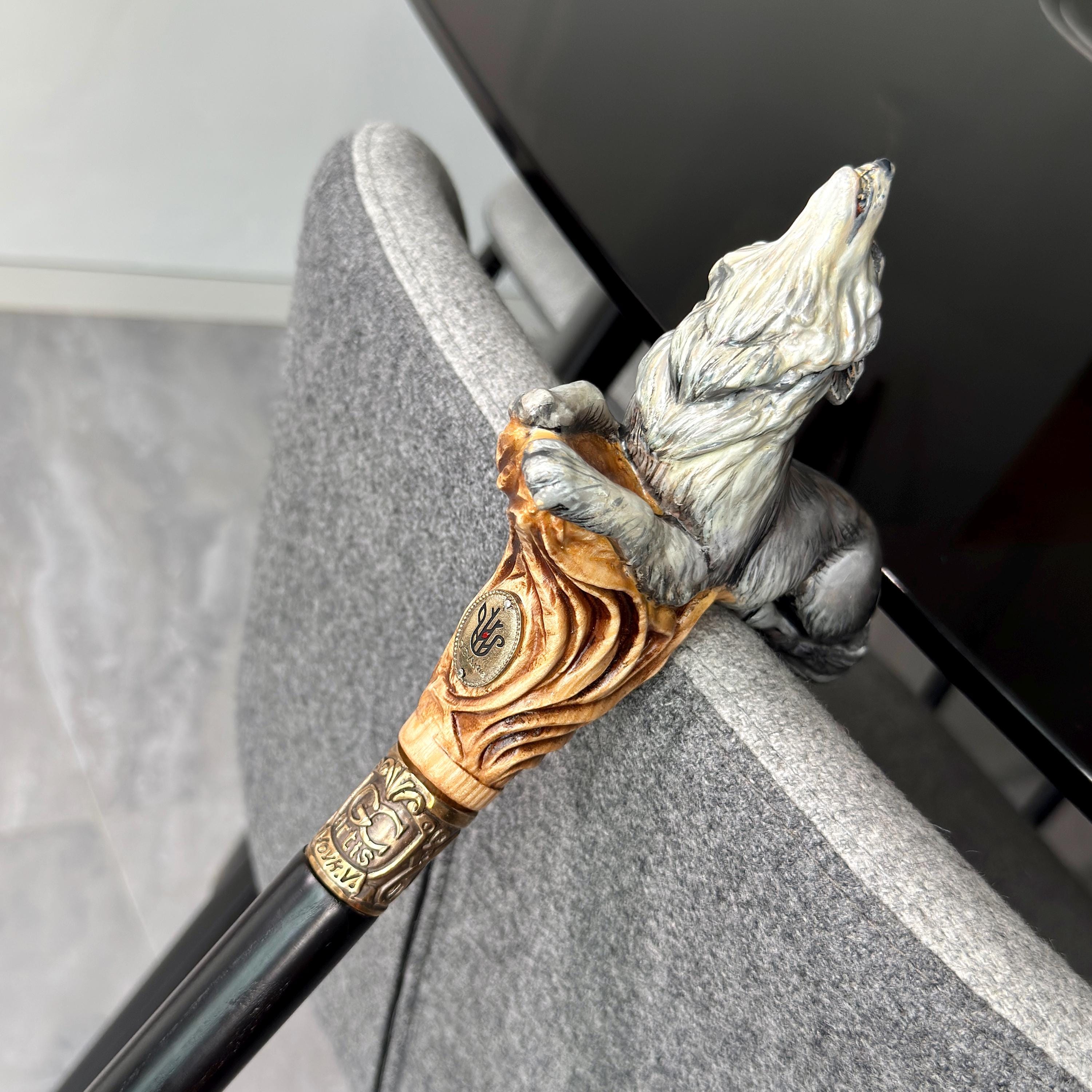 Wooden Cane Walking Stick Howling Wolf - Hand-painted Carved handle, wild nature style