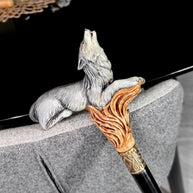 Wooden Cane Walking Stick Howling Wolf - Hand-painted Carved handle, wild nature style