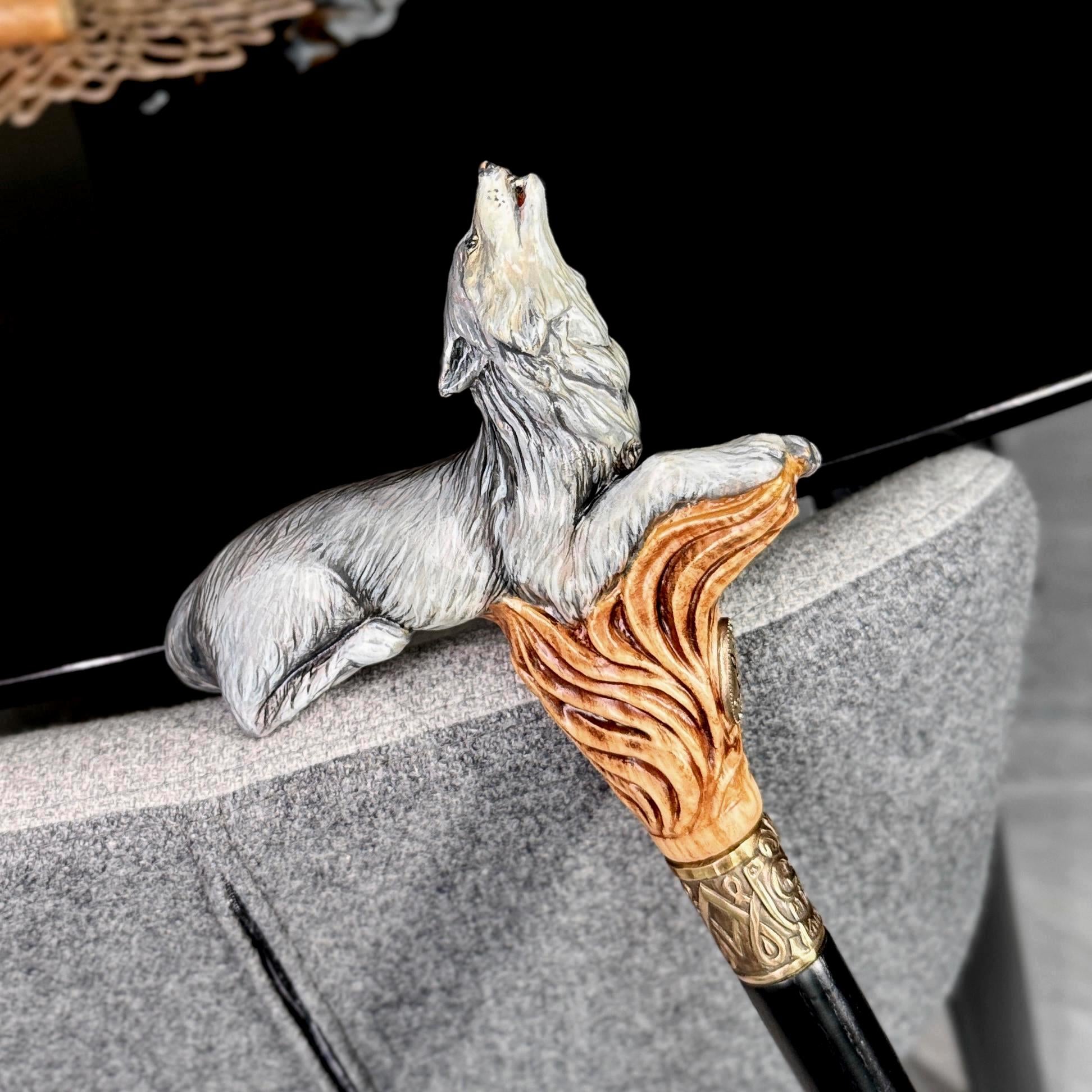 Wooden Cane Walking Stick Howling Wolf - Hand-painted Carved handle, wild nature style