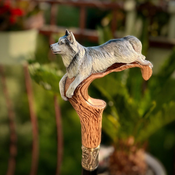 Wooden Cane Walking Stick Husky: hand-painted dog breed designers handle