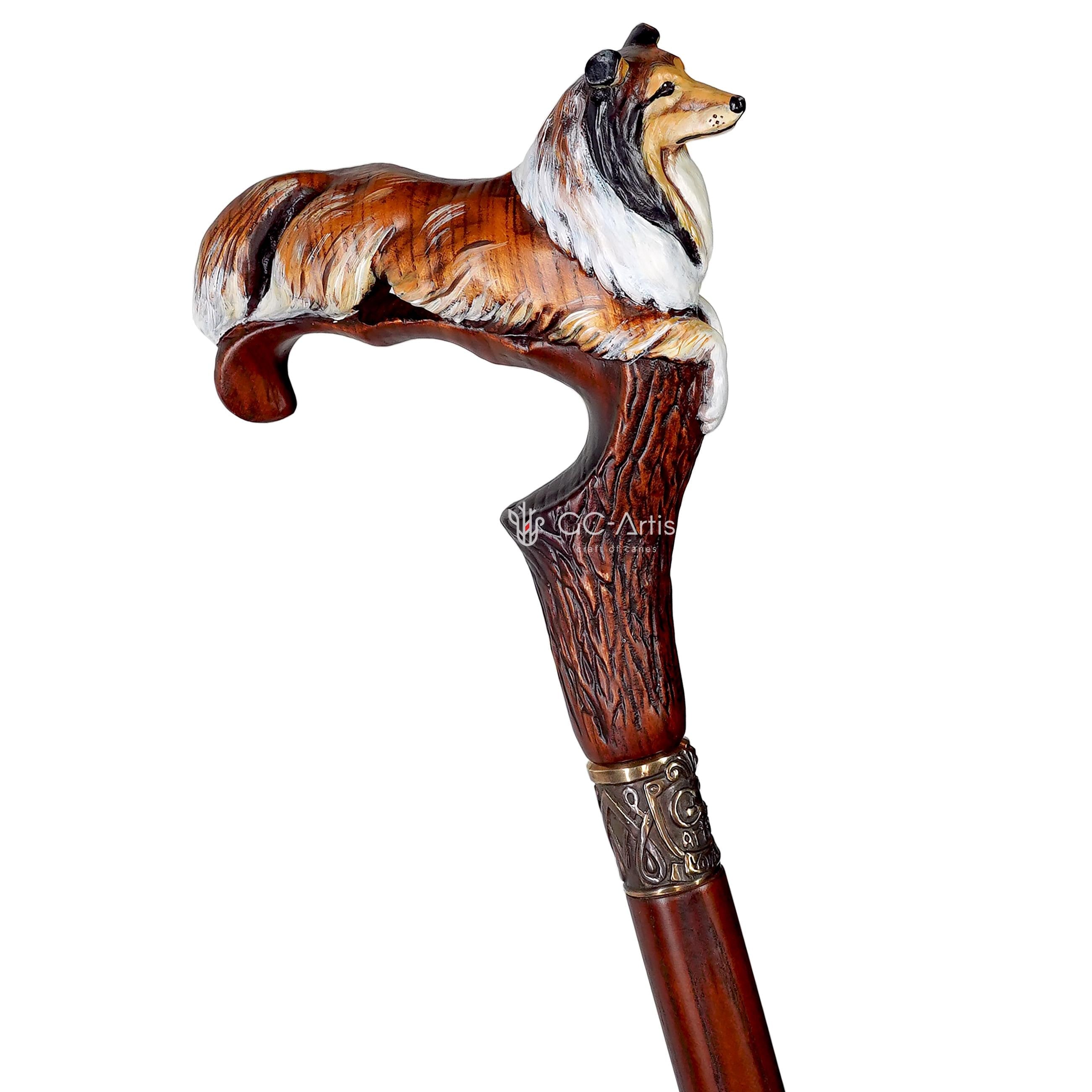 Hand painted Wooden Walking Stick Cane - Collie Dog - carved Sable Scotland shepherd Sheltie