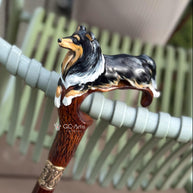 Hand painted Wooden Walking Stick Cane - Collie Dog - Tricolor Scotland shepherd Sheltie