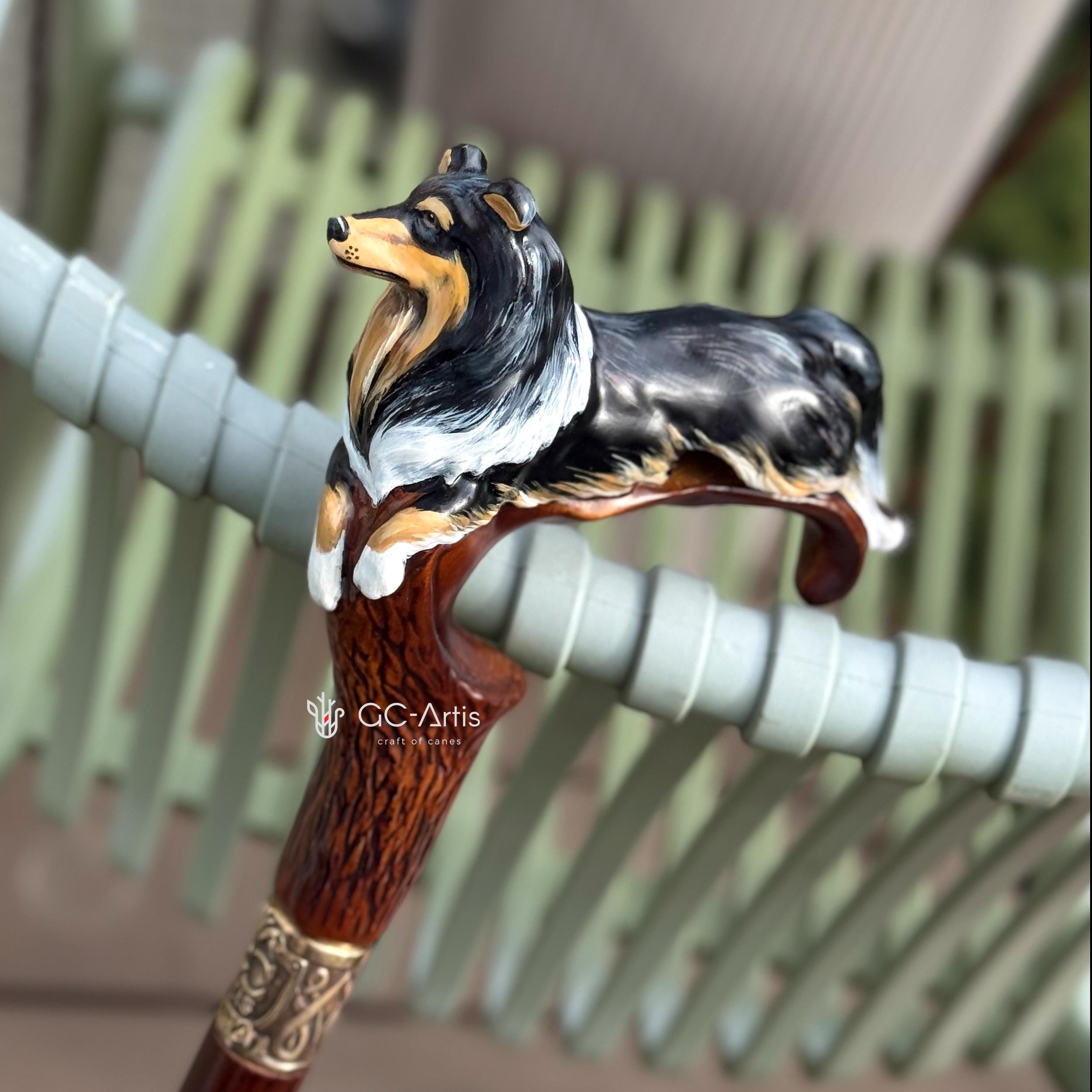 Hand painted Wooden Walking Stick Cane - Collie Dog - Tricolor Scotland shepherd Sheltie