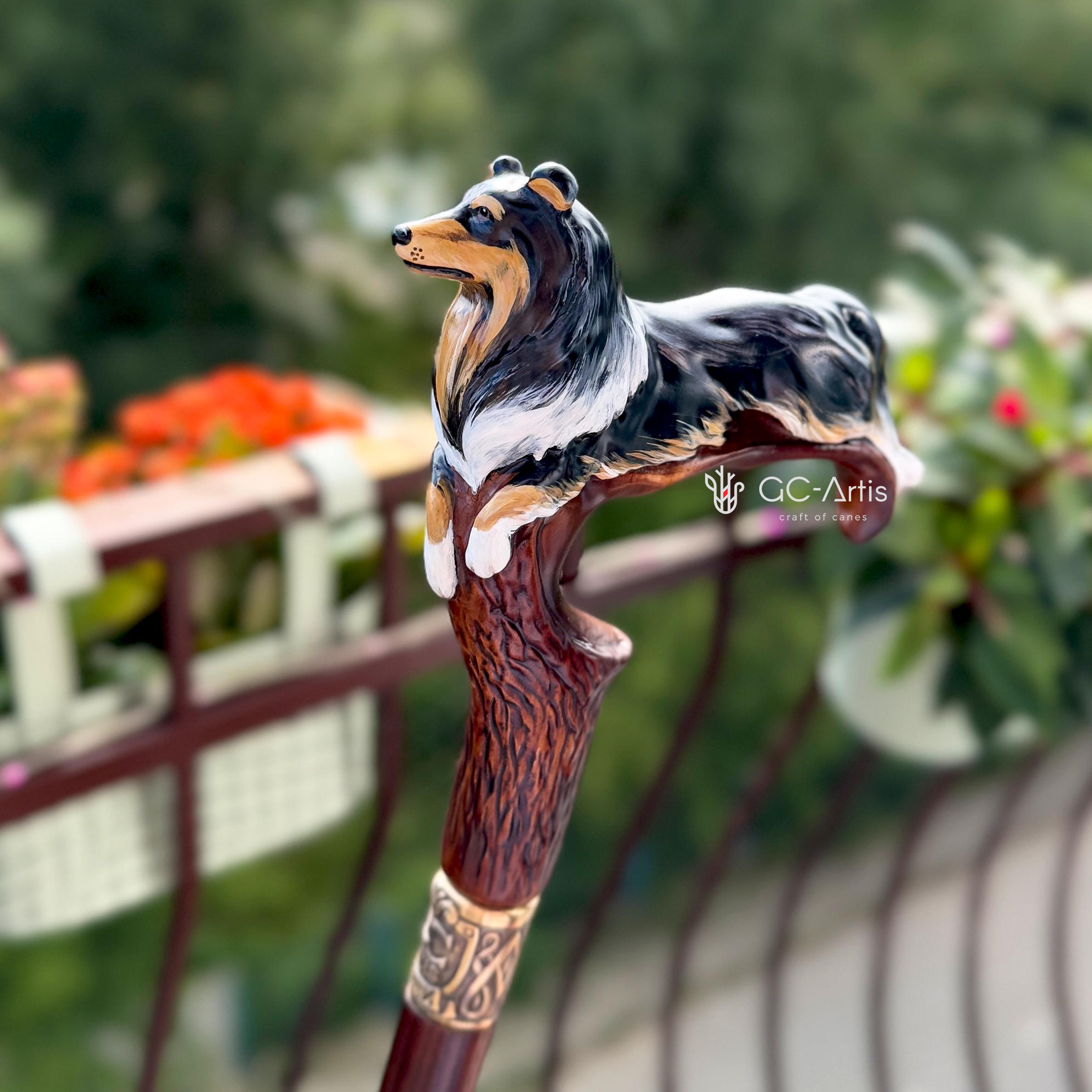 Hand painted Wooden Walking Stick Cane - Collie Dog - Tricolor Scotland shepherd Sheltie