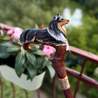 Hand painted Wooden Walking Stick Cane - Collie Dog - Tricolor Scotland shepherd Sheltie