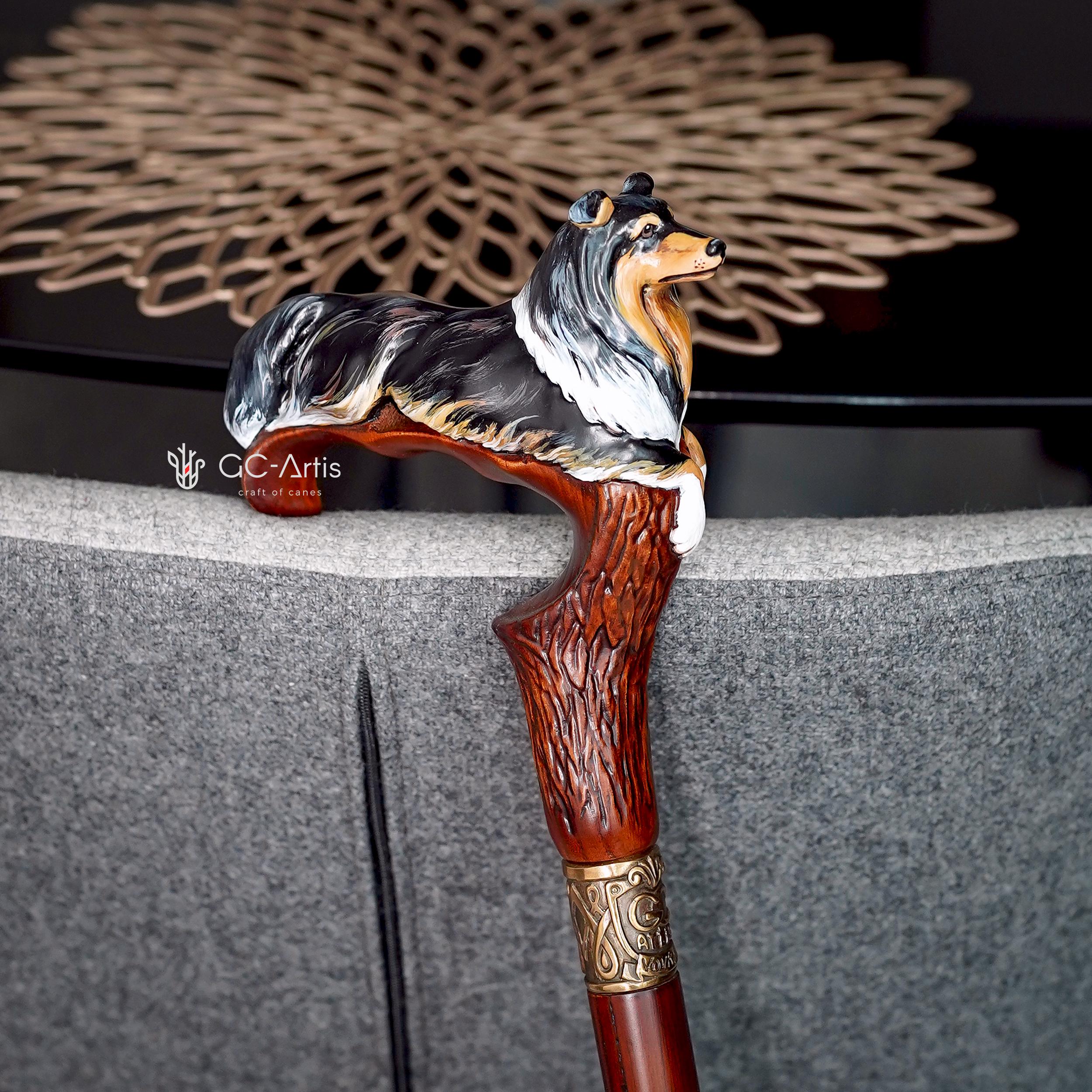 Hand painted Wooden Walking Stick Cane - Collie Dog - Tricolor Scotland shepherd Sheltie